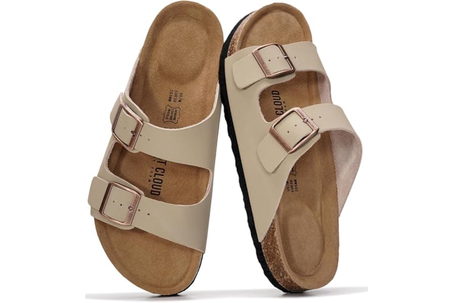 Genuine Leather Flat Sandals for Women with Cork & Memory Foam