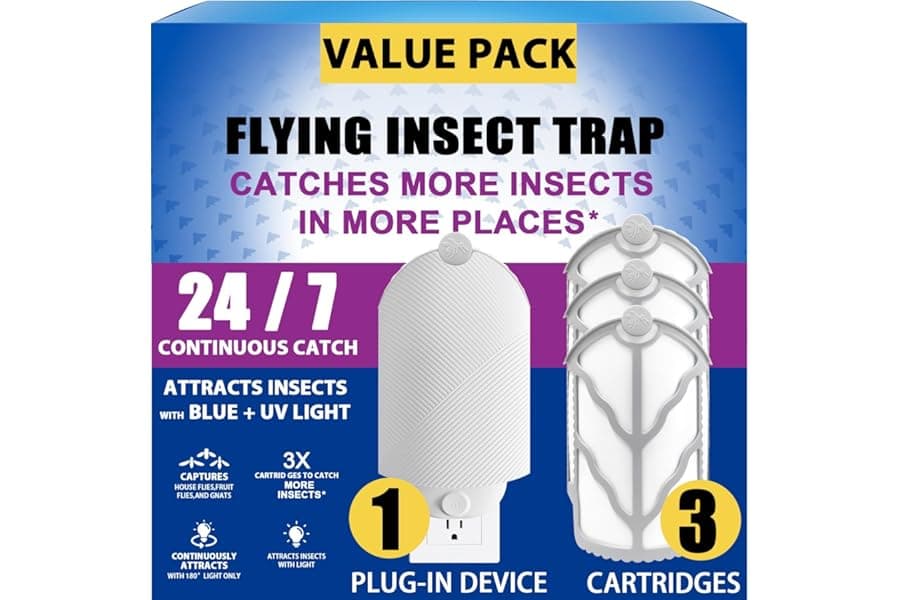 Flying Insect Trap (1 Starter & 3 Refill Cartridges), UV Light Indoor Bug Catcher for Gnats, Fruit Flies, Mosquitoes, and Moths, Plug-in Fly Trap for Home, Kitchen, Living Room