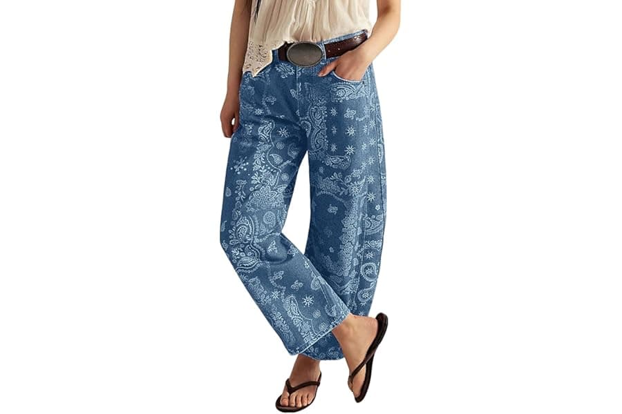 Women's Baggy Barrel Jeans with Floral Print
