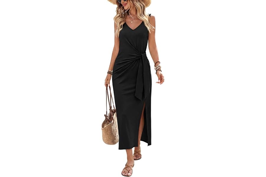 Elegant V Neck Summer Midi Dress with Tie Waist