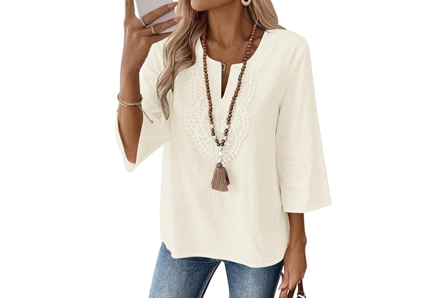 Women's 3/4 Sleeve Cotton Linen Blouses | Boho V-Neck