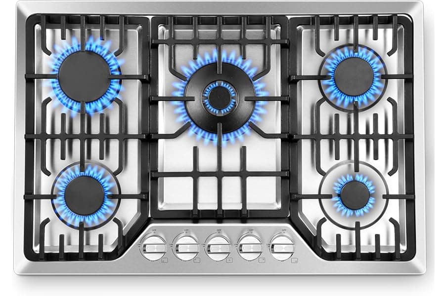30 Inch Gas Cooktop: 5 Burners, 48,300 BTU Stainless Steel