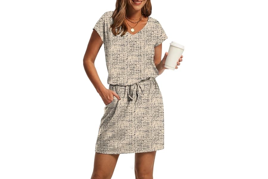 Casual Summer Mini Dress V Neck Tie Waist Sundress