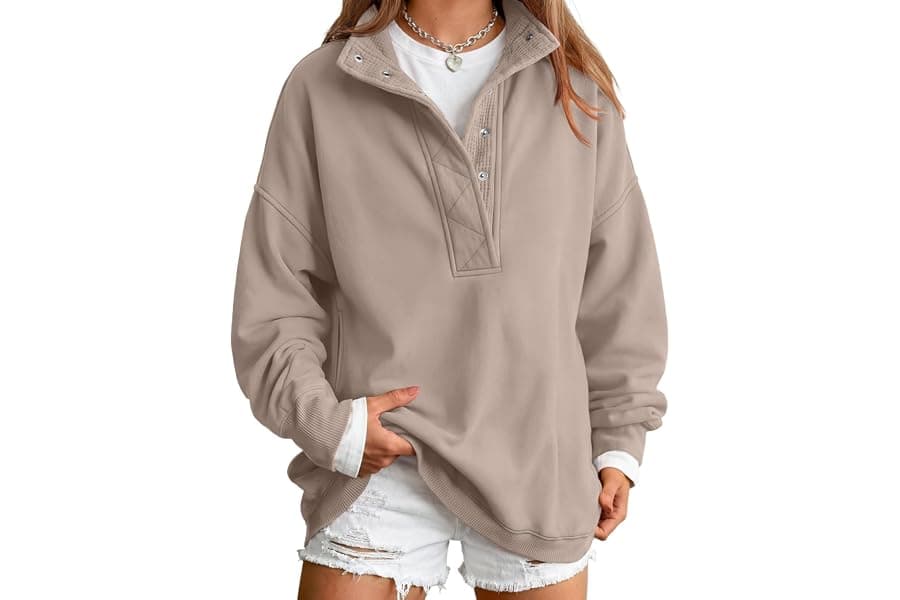 Oversized Womens Sweatshirt Henley with Snap Buttons