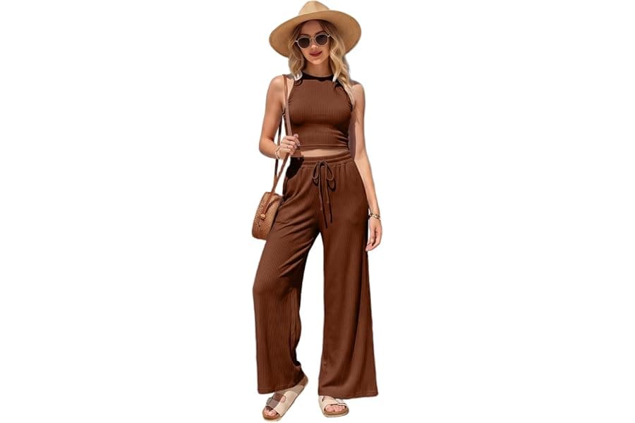 Women's Ribbed Crop Top and Wide Leg Pants Set