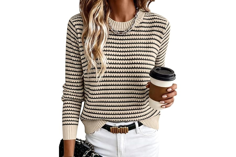 Women's Striped Crochet Crew Neck Sweater