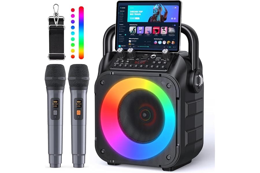 Portable Karaoke Machine with Wireless Mics & Lights