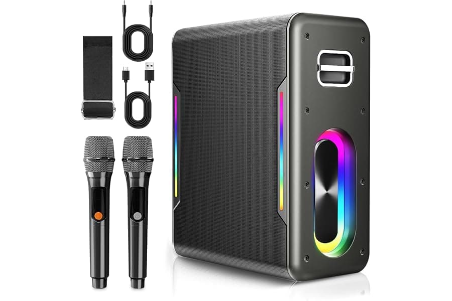 Portable Karaoke Machine with Wireless Microphones and LED Lights