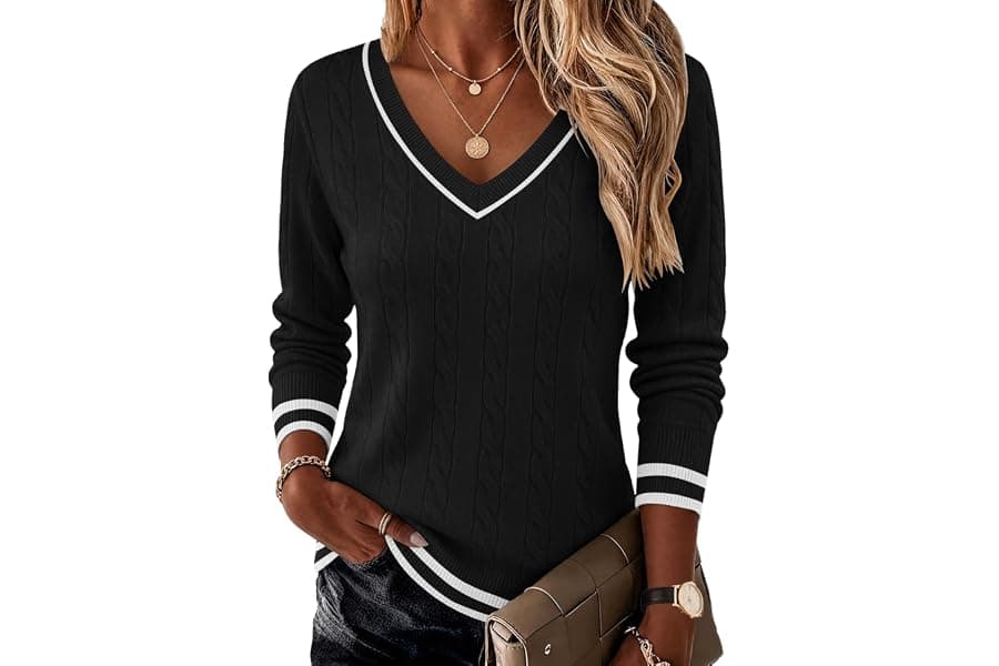 Cable Knit V-Neck Sweater for Fall Business Casual