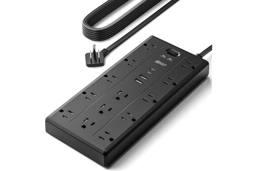 10ft Flat Plug Power Strip with USB-C Charging