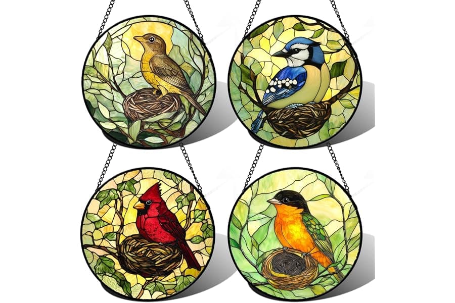 Stained Glass Bird Suncatcher Window Hanging Set