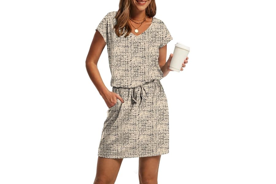 Casual Summer Mini Dress V Neck Tie Waist Sundress