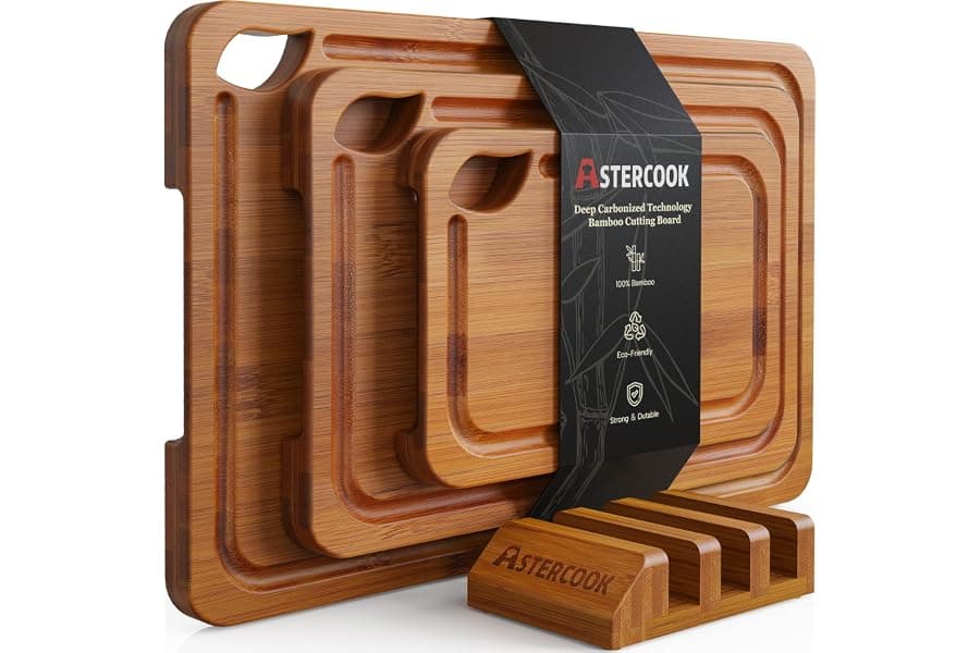 Deep-Carbonized Bamboo Cutting Board Set with Storage Stand