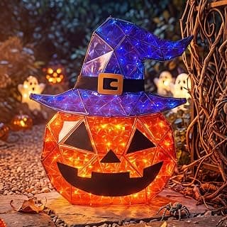 24-Inch Light-Up Halloween Pumpkins & Witch Hat Decorations