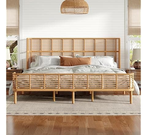 Boho Rattan King Bed Frame with Wicker Headboard